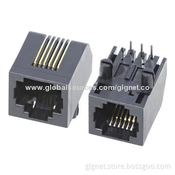 RJ11 connector, single port, side entry, tab down, bevel edge, flat pin